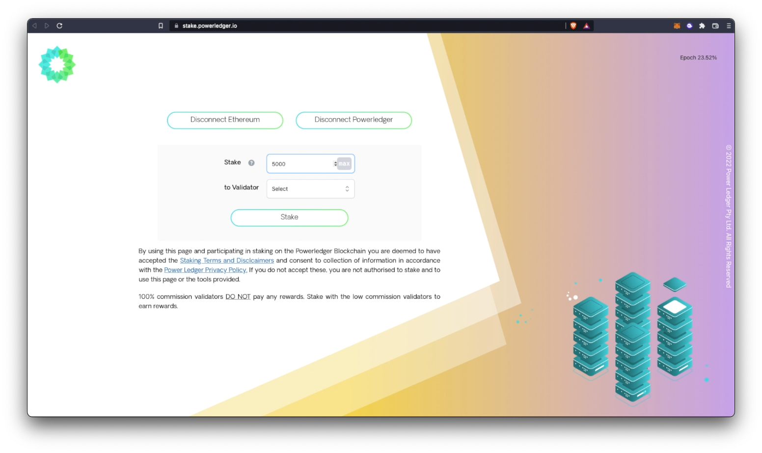 PowerLedger dashboard, on the step to set amount to stake and select validator